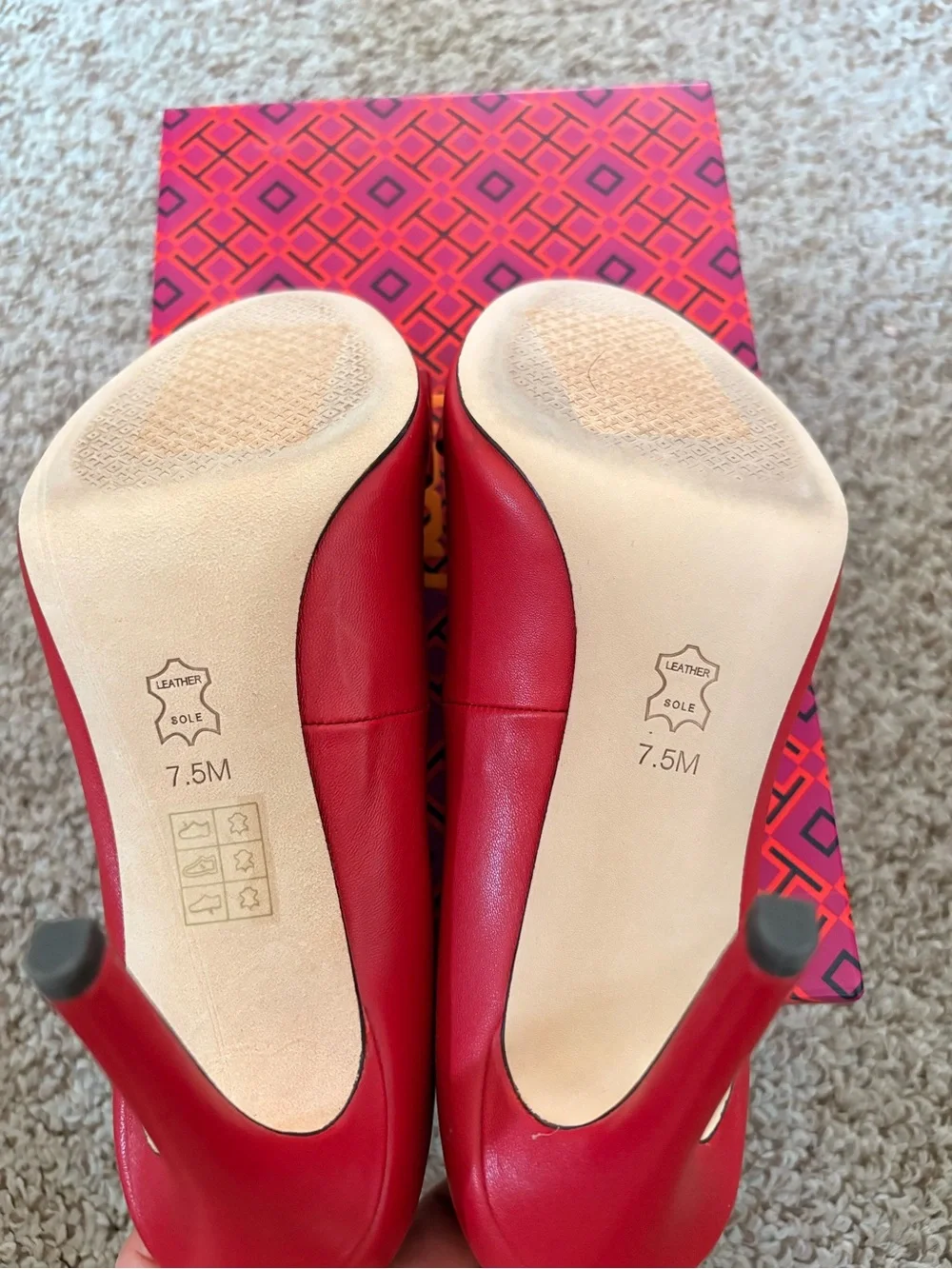 Tory Burch Red Leather Bow Pumps with Gold Plaque